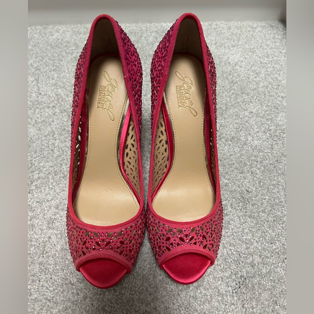 Jewel Badgley Mischka hot pink heels with rhinestones and cut outs